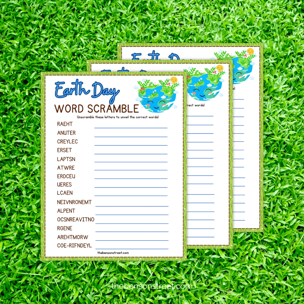 Close-up of an Earth Day word scramble printable with words scrambled.