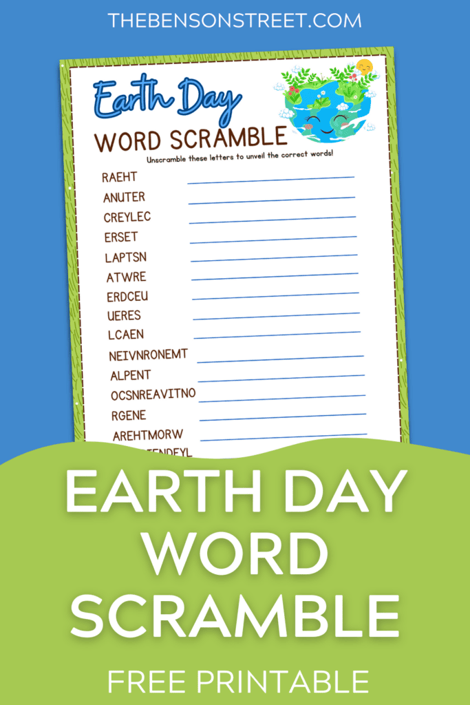 Free printable Earth Day themed word game Earth Day Word Scramble Worksheet
