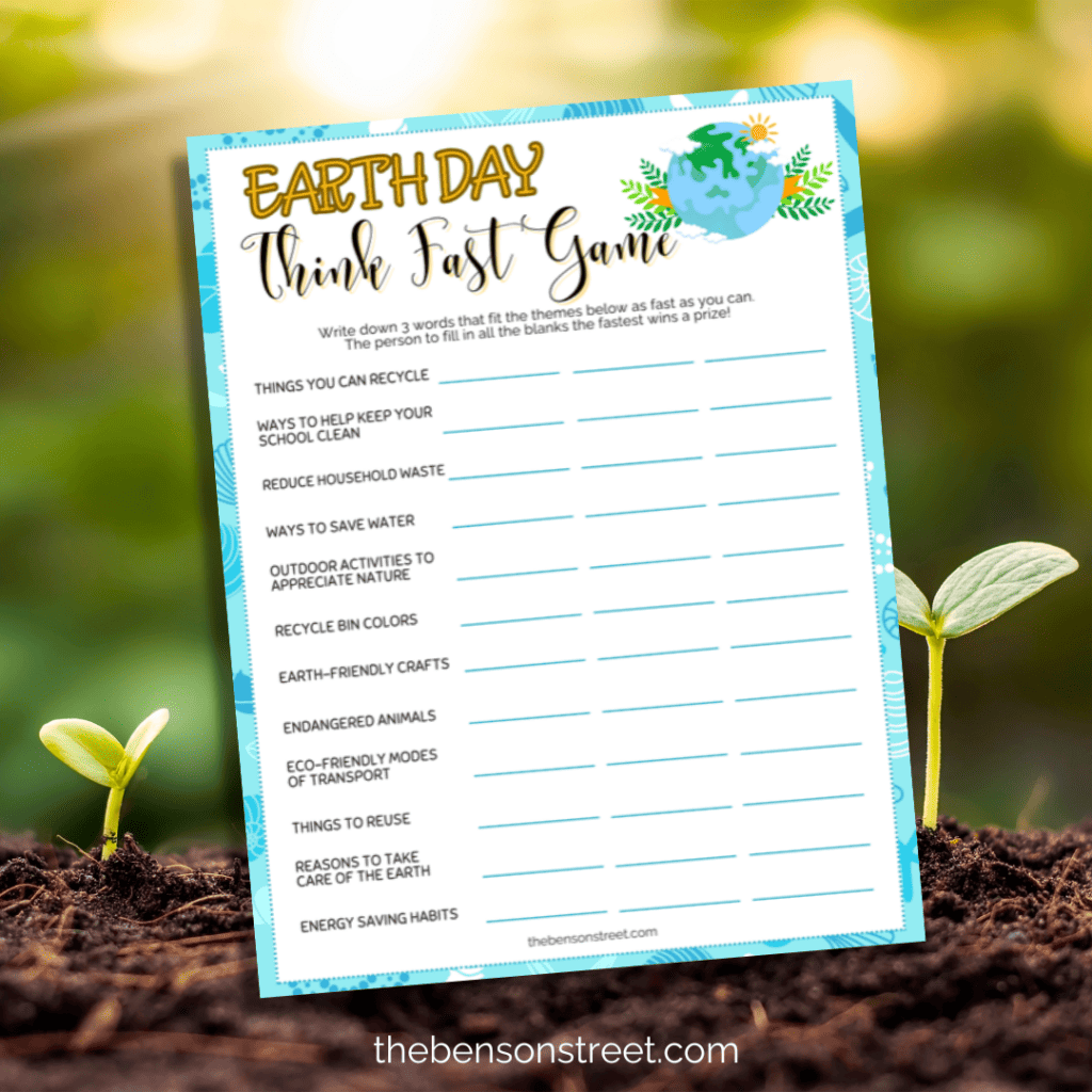 Printable Earth Day Think Fast Game featuring eco-friendly prompts