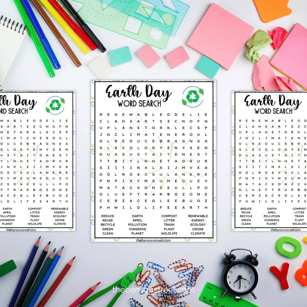 A colorful word search puzzle grid with Earth Day themed words hidden within.