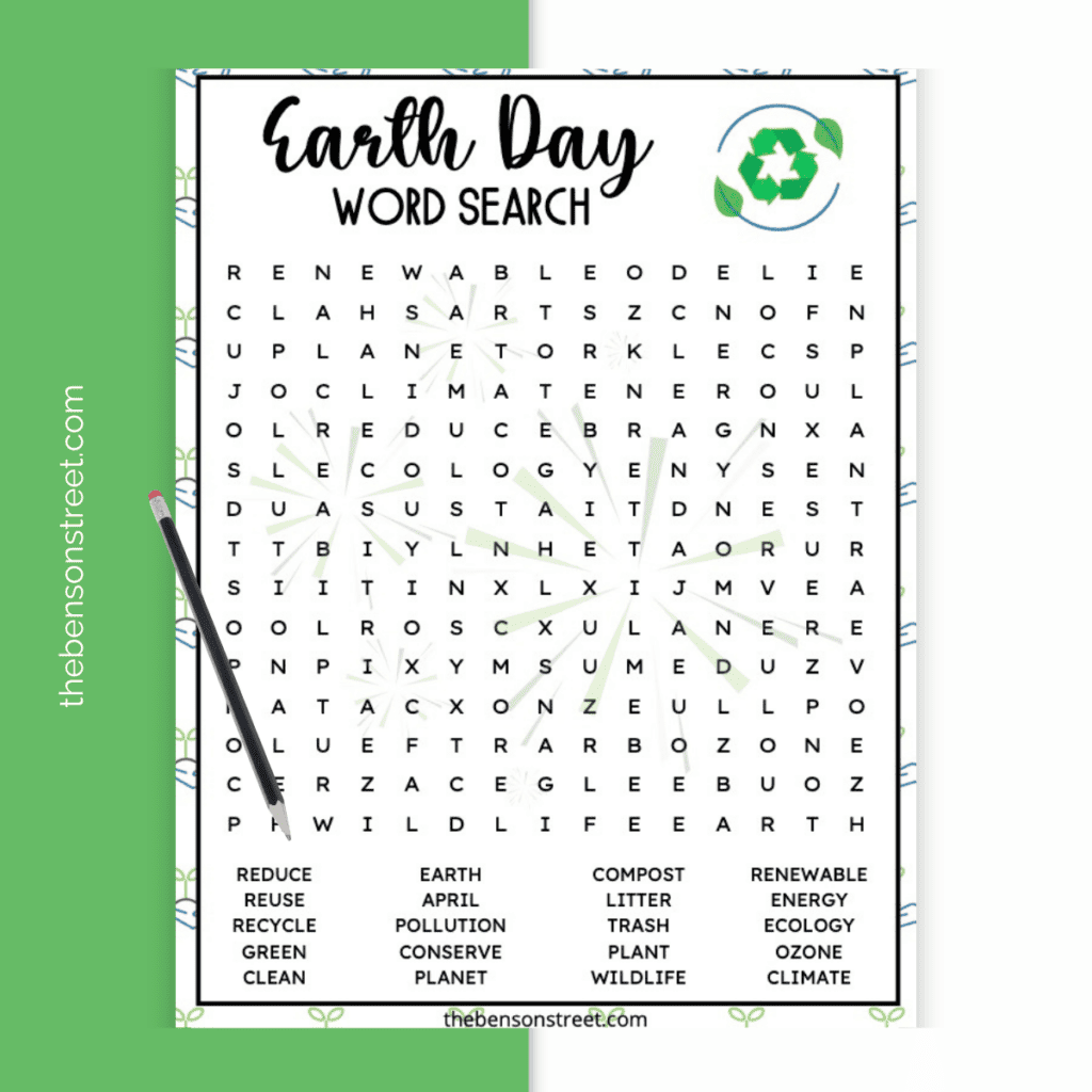 An image of a word search puzzle containing environmentally conscious words relevant to Earth Day.