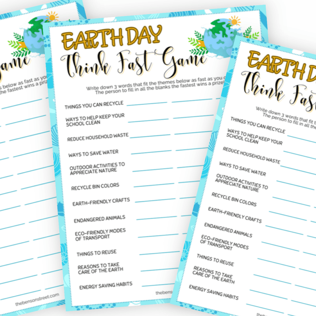 Colorful Earth Day Think Fast Game printable for educational and entertaining play