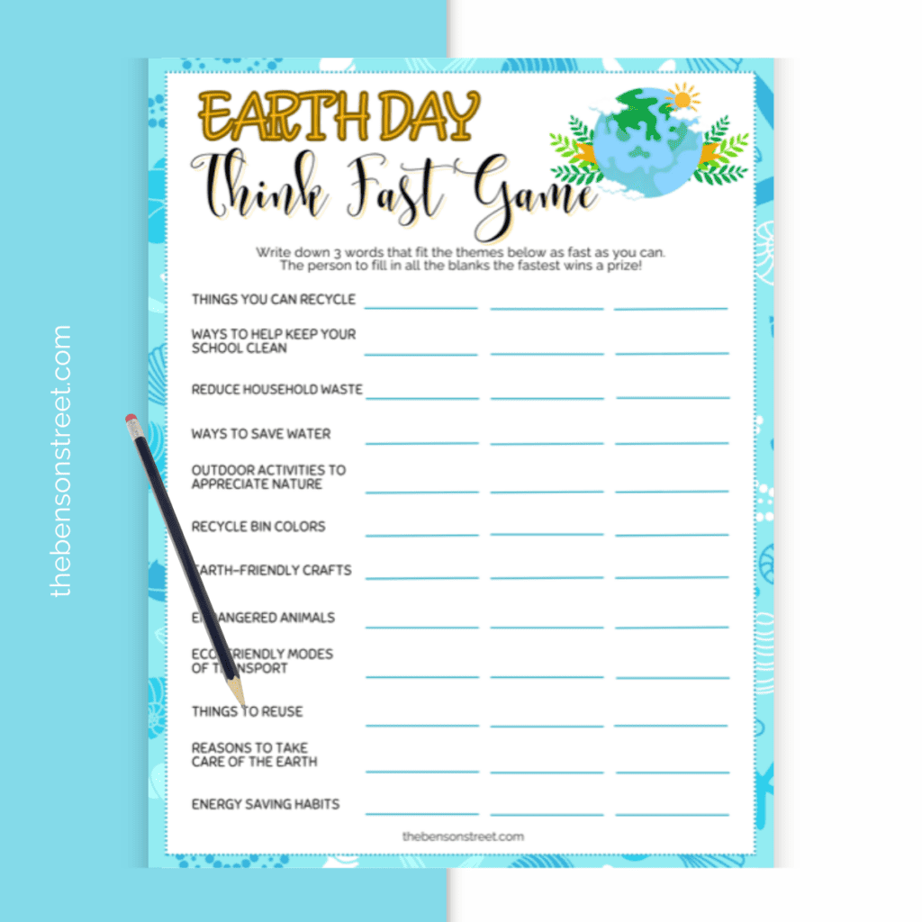 Engaging Earth Day Think Fast Game printable with sustainability-focused questions
