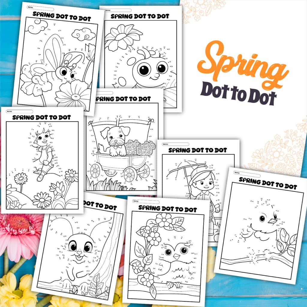 Eight different spring dot to dot printables to color.