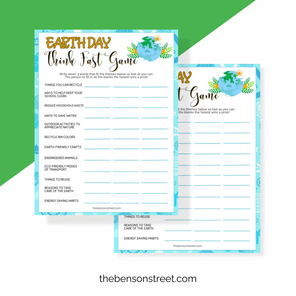 Earth Day Think Fast Game printable promoting awareness of environmental issues