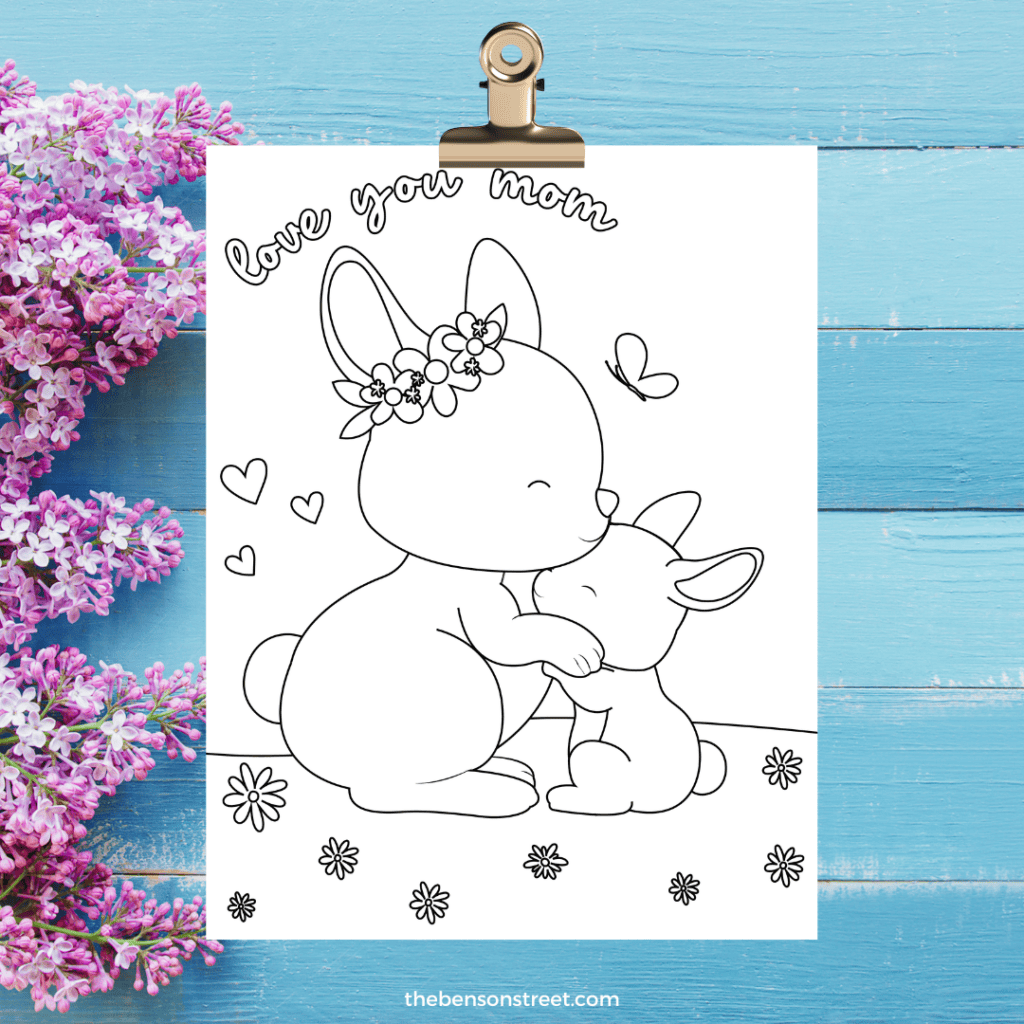Love you mom bunny coloring page with flowers and hearts.