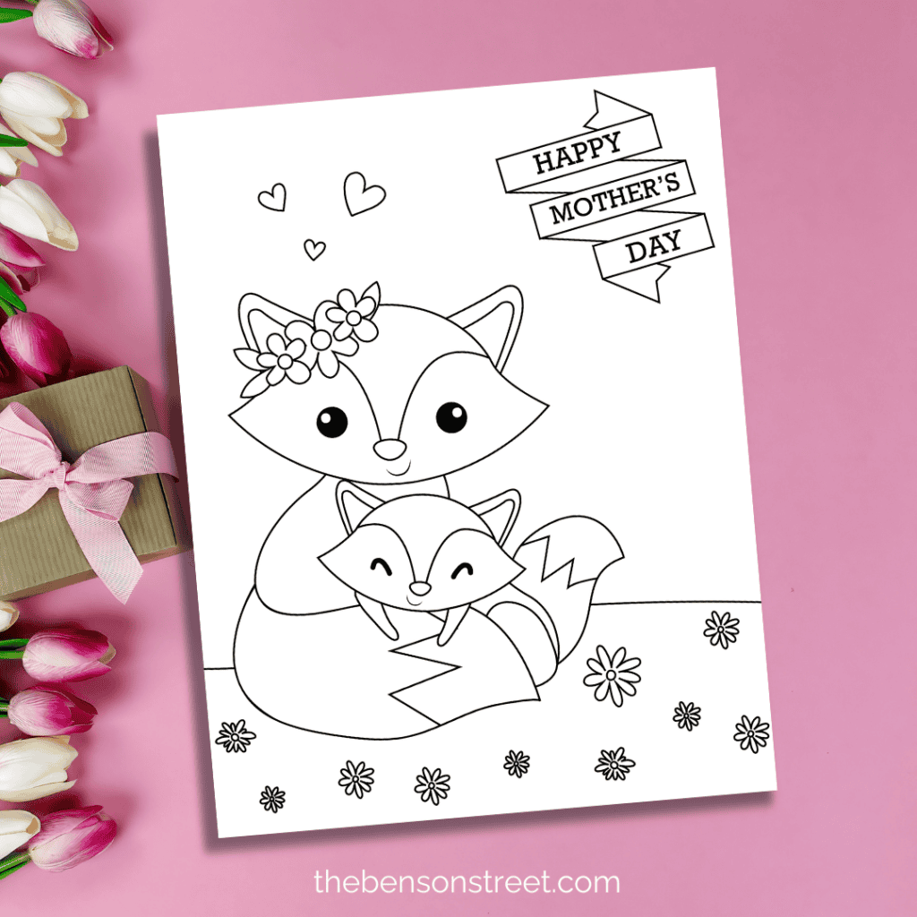 Happy Mother's Day Fox coloring page with flowers