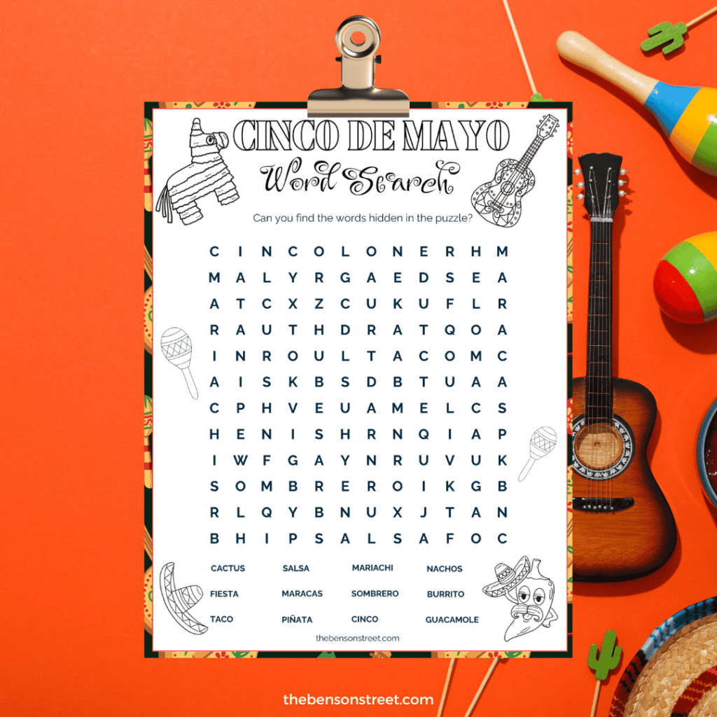 Cinco de Mayo Word Hunt: Join the festivities with this exciting word search puzzle featuring Cinco de Mayo-themed words to find.