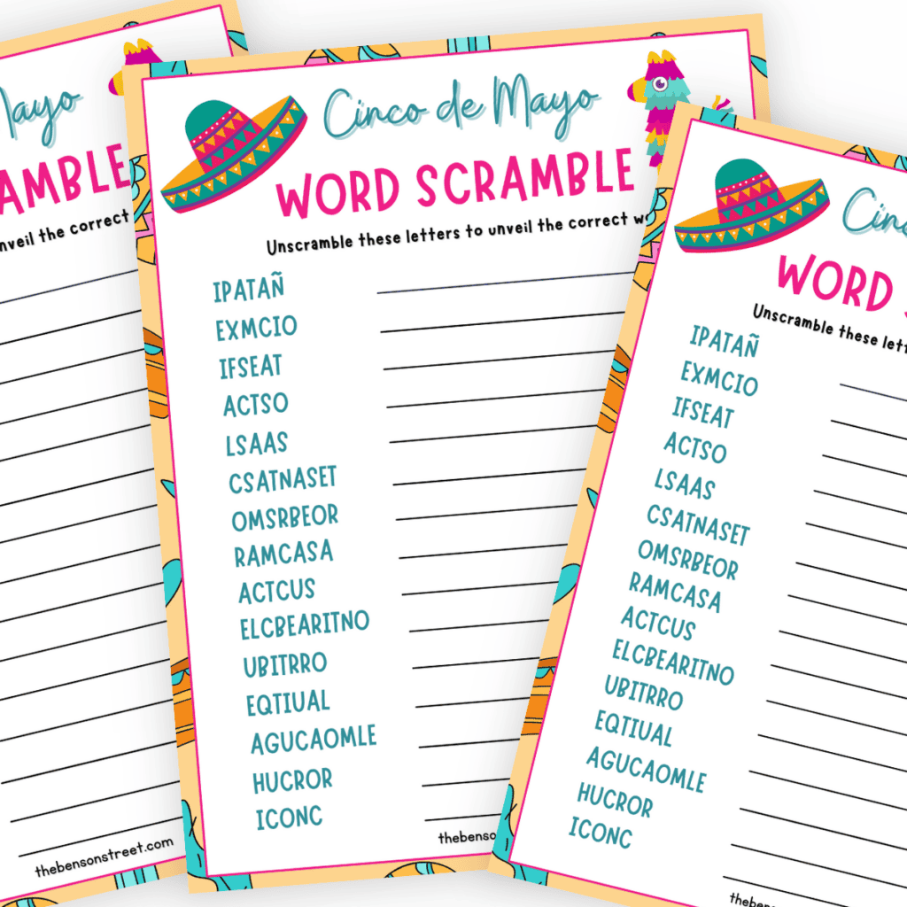 Cinco de Mayo Word Scramble Printable - A colorful image showcasing a printable word scramble activity themed around Cinco de Mayo, perfect for festive celebrations