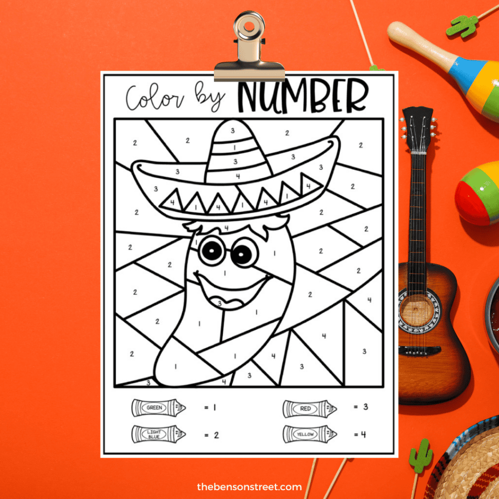 Color by Number Activity: Traditional Mexican pepper wearing a sombrero for Cinco de Mayo