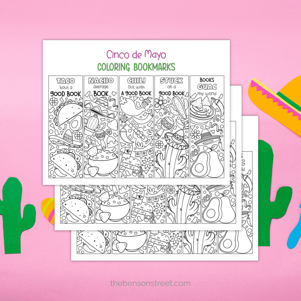Coloring bookmarks with festive Cinco de Mayo designs: sombrero, maracas, and chili peppers.