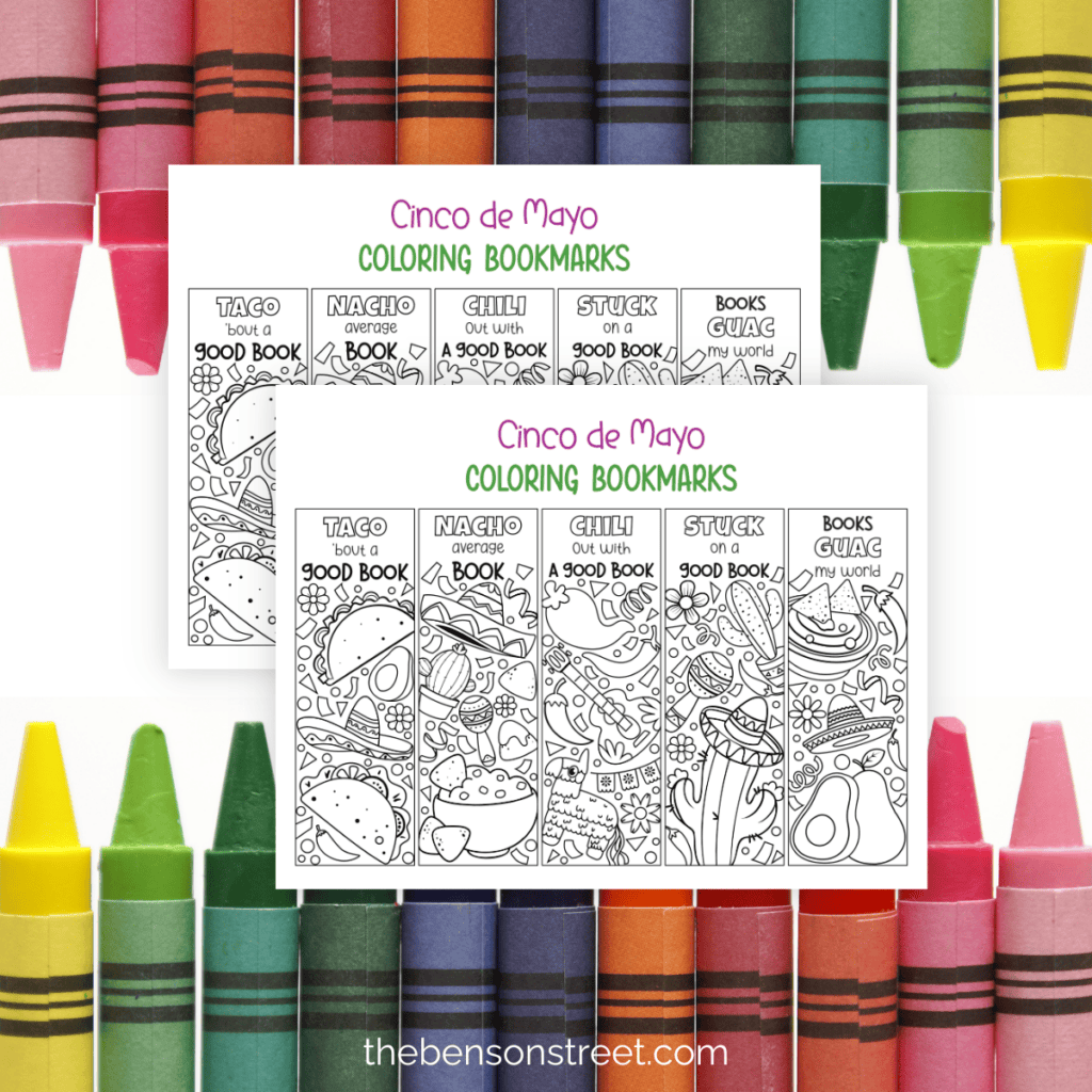 Coloring activity for Cinco de Mayo: bookmarks adorned with Mexican sombreros and vibrant patterns.