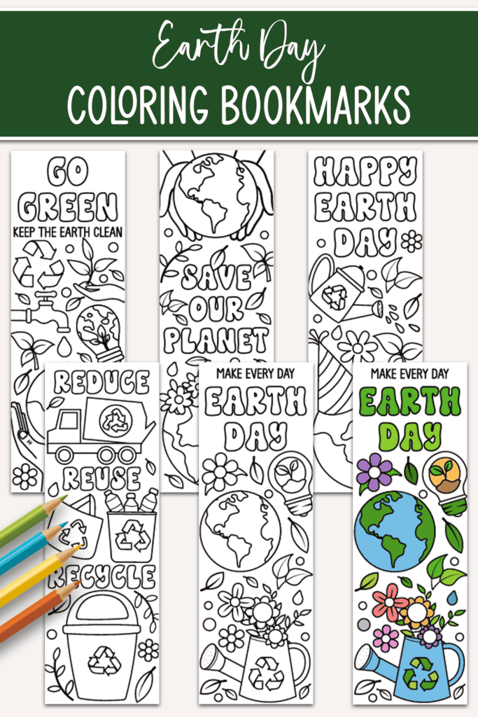 Flat lay of earth day bookmarks for kids to color