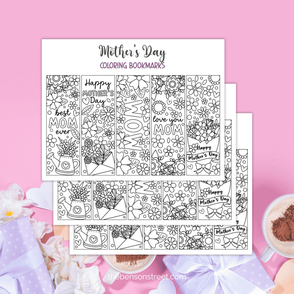 A variety of printable Mother's Day coloring bookmarks featuring floral patterns, hearts, and loving messages.