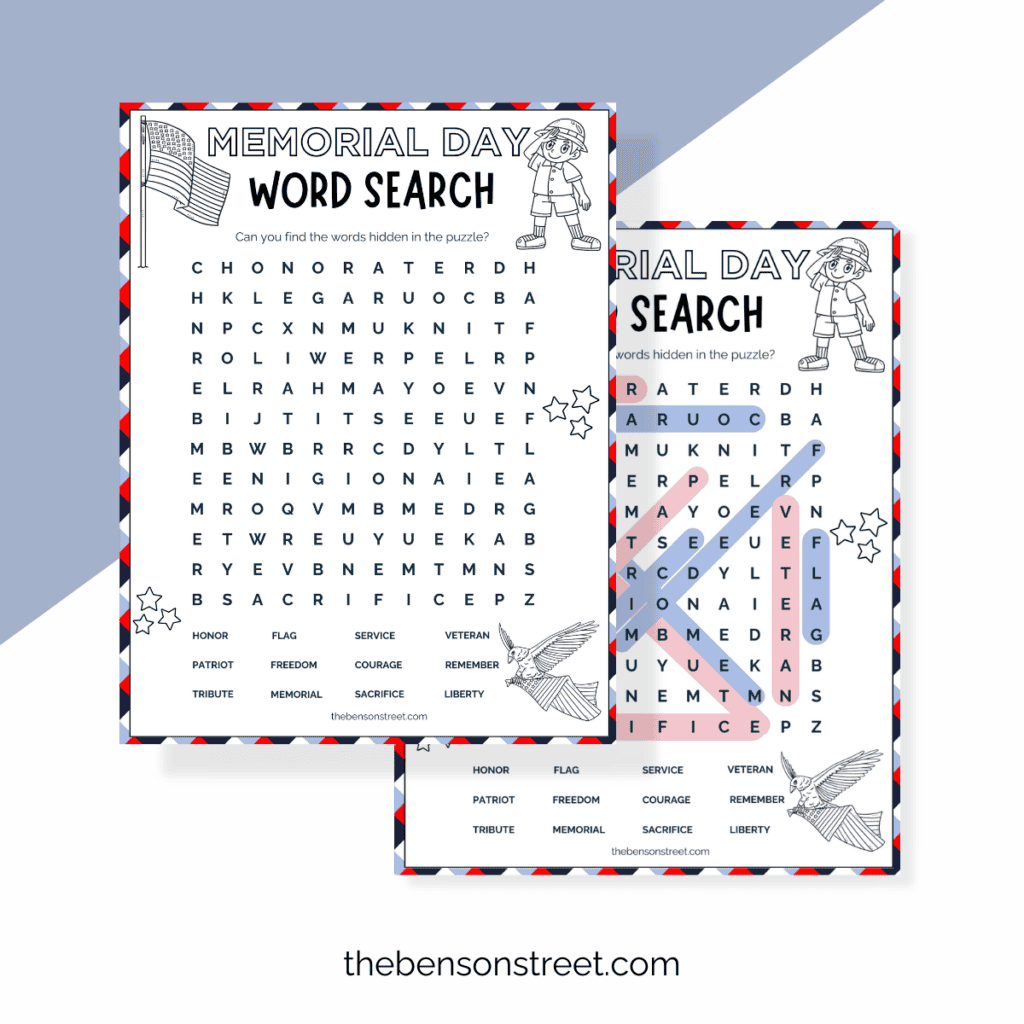 A detailed close-up of a Memorial Day word search puzzle, featuring intricate letter arrangements and a background adorned with symbols of remembrance and gratitude.