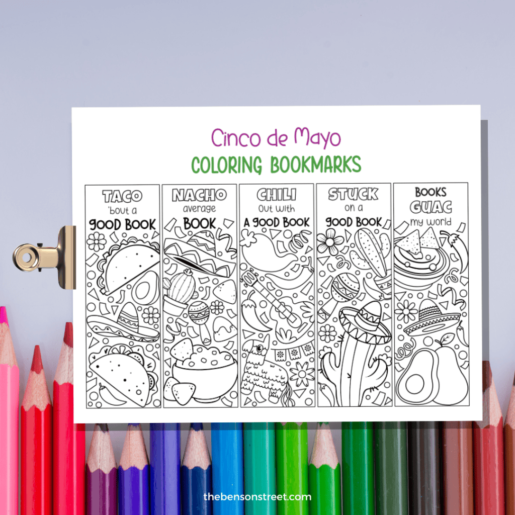 Coloring fun awaits with these Cinco de Mayo-themed bookmarks: tacos, cacti, and guitars.