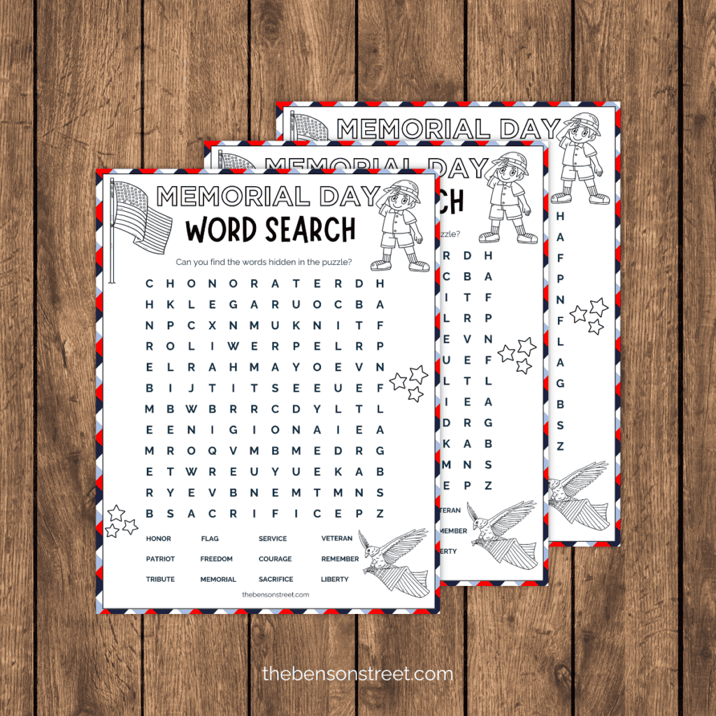 A printable Memorial Day word search puzzle, adorned with images of soldiers, American flags, and a solemn tribute to those who served their country.