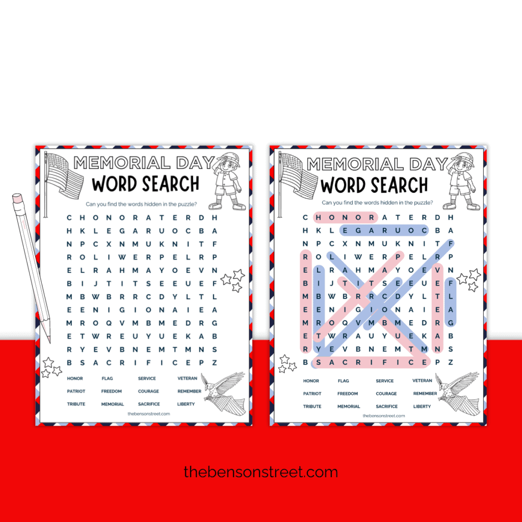 A printable Memorial Day word search featuring patriotic graphics and themed words like "freedom," "honor," and "veteran.