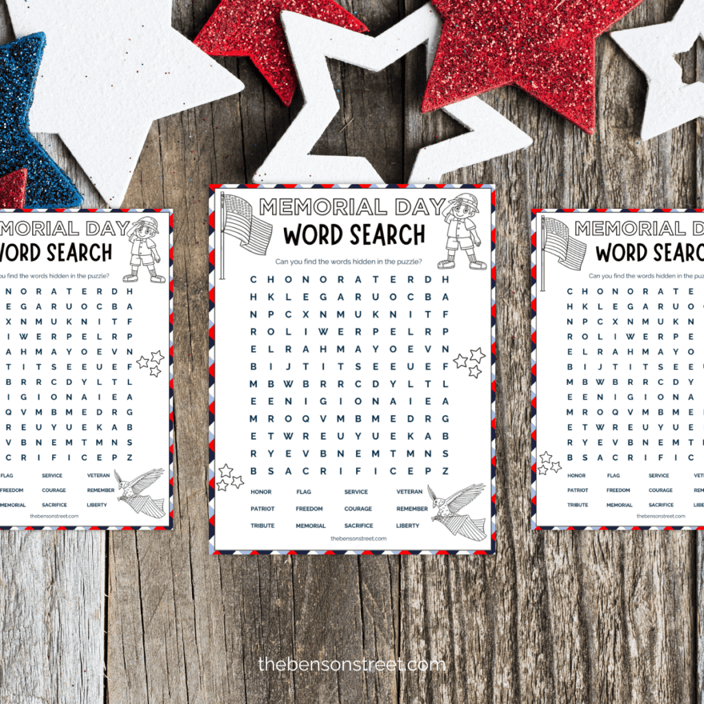 An overhead view of a Memorial Day word search activity sheet, highlighting the challenge of finding words amidst a backdrop of iconic American imagery such as eagles, Flags, and monuments.
