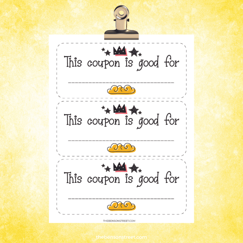 A blank template of Mother's Day Coupons, ready to be filled out with personalized gifts.