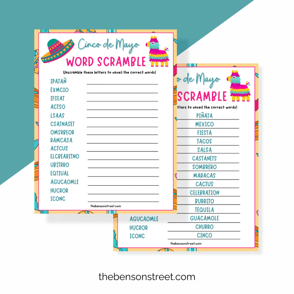 "Educational Cinco de Mayo Activity" - An image featuring a printable word scramble with Mexican-themed graphics, ideal for teaching children about the significance of Cinco de Mayo while having fun