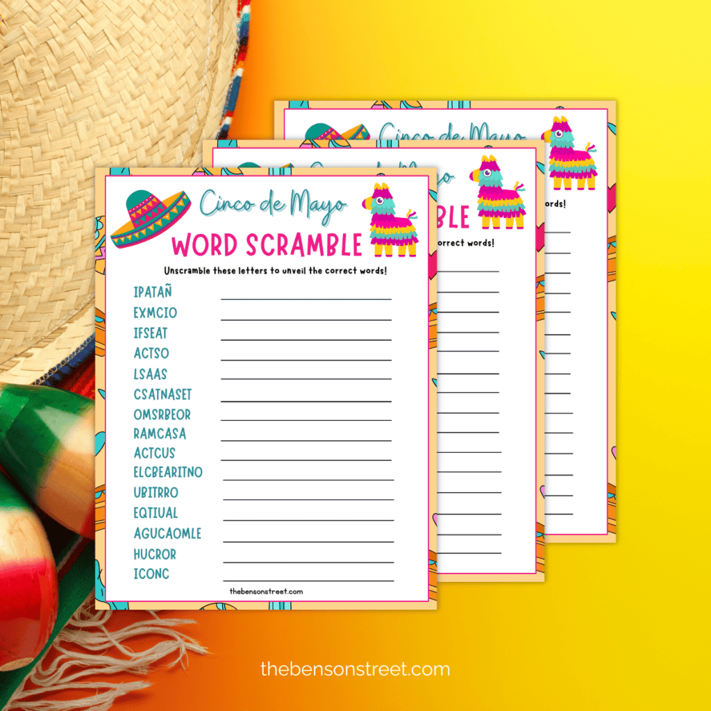 "Fiesta Fun with Cinco de Mayo Word Scramble" - A vibrant image displaying a printable word scramble sheet adorned with festive decorations, adding excitement to your Cinco de Mayo party.