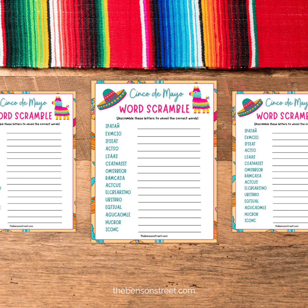 "Colorful Cinco de Mayo Word Puzzle" - A cheerful image featuring a printable word scramble sheet filled with vibrant hues and Mexican-themed illustrations, making learning enjoyable during Cinco de Mayo festivities.