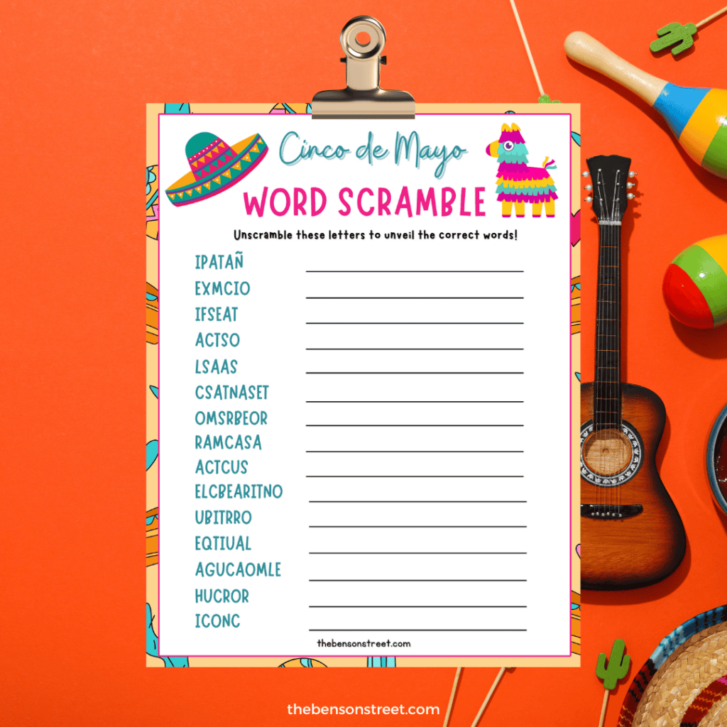 "Mexican Culture-Inspired Word Scramble Printable" - A culturally rich image presenting a printable word scramble sheet featuring traditional Mexican motifs and symbols, offering a delightful learning experience for Cinco de Mayo celebrations.