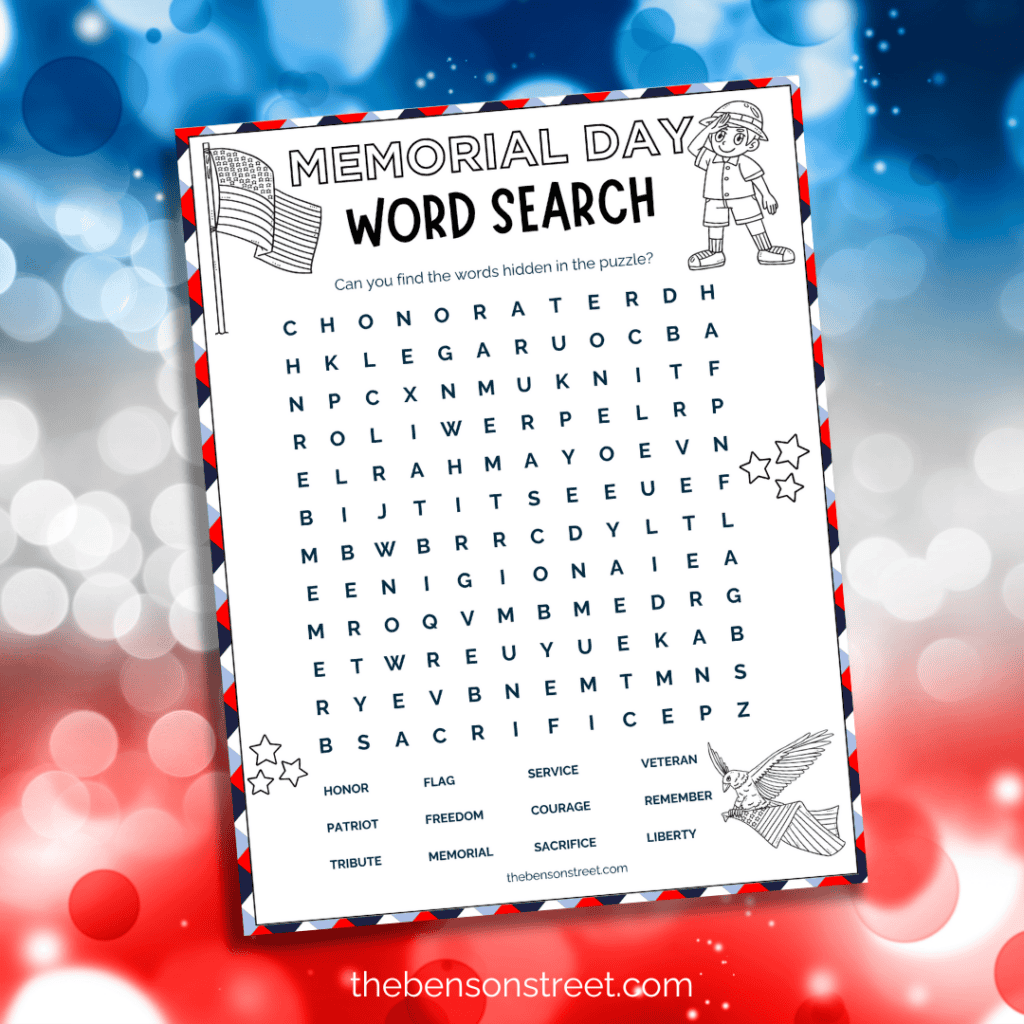 A visually appealing Memorial Day word search printable, featuring a blend of letters and patriotic elements like red, white, and blue color schemes, and symbols of bravery and sacrifice.