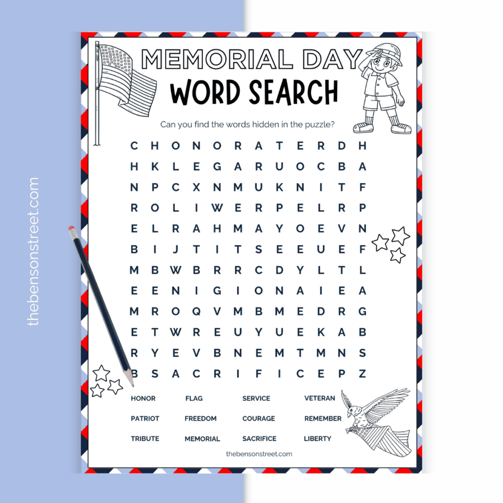 A Memorial Day word search printable showcasing a grid filled with letters and a list of patriotic-themed words to discover, accompanied by illustrations of stars and military insignias.