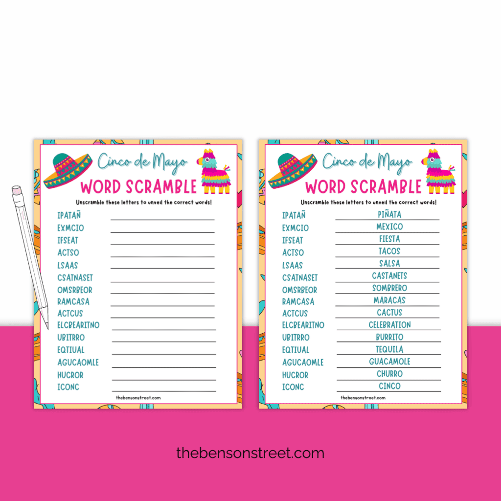 "Engaging Cinco de Mayo Word Game" - An enticing image presenting a printable word scramble activity with bright colors and playful fonts, enticing players of all ages to join in the fun.