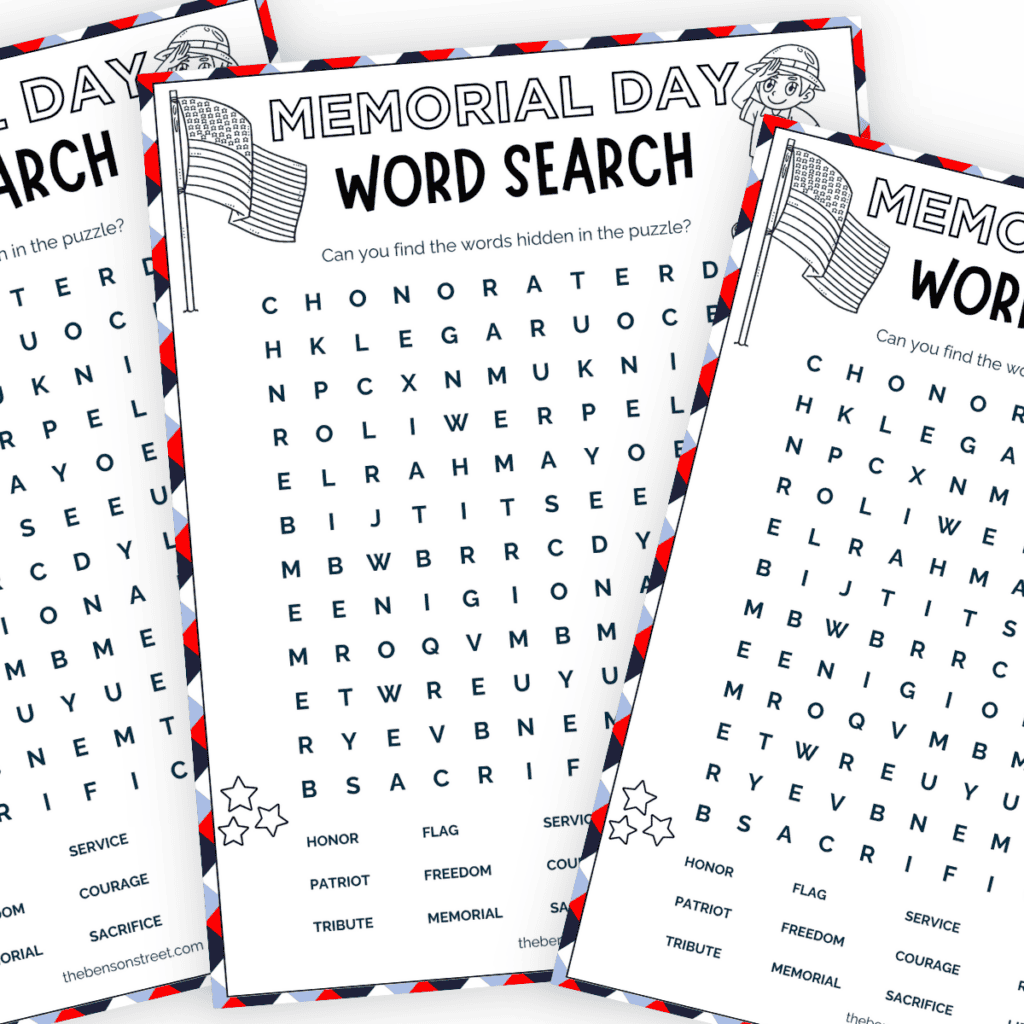 A close-up of a Memorial Day word search puzzle, with a grid of letters and a list of words to find, surrounded by patriotic symbols like flags and stars.