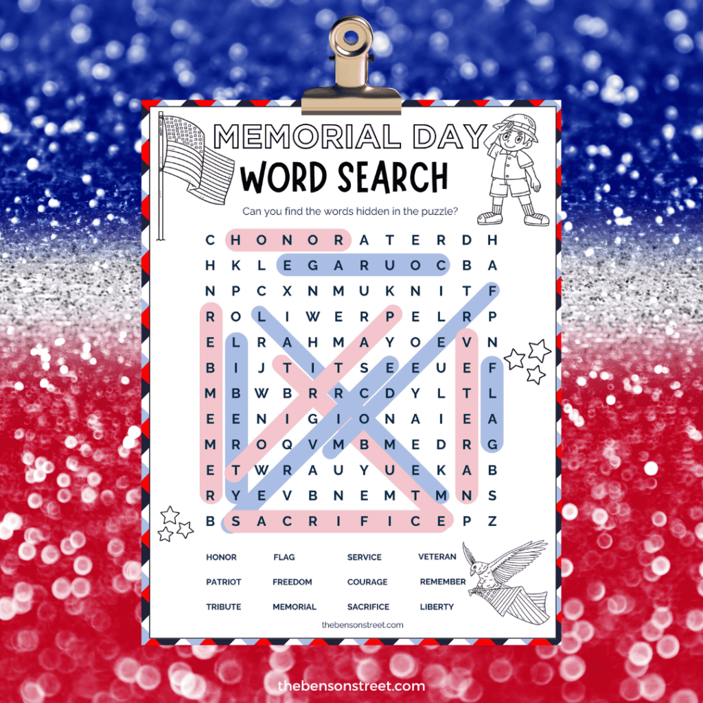A printable Memorial Day word search puzzle with answers highlighted, capturing the spirit of the holiday with illustrations of stars, flags, and scenes of national unity and pride.