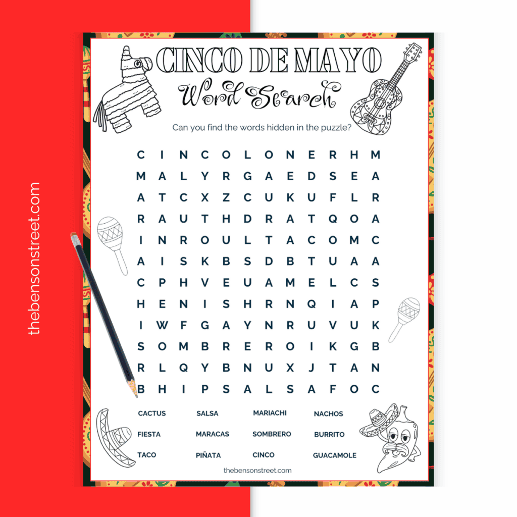 Mexican Fiesta Word Search: Dive into the fun with this Cinco de Mayo-themed word search puzzle, perfect for celebrating the holiday.