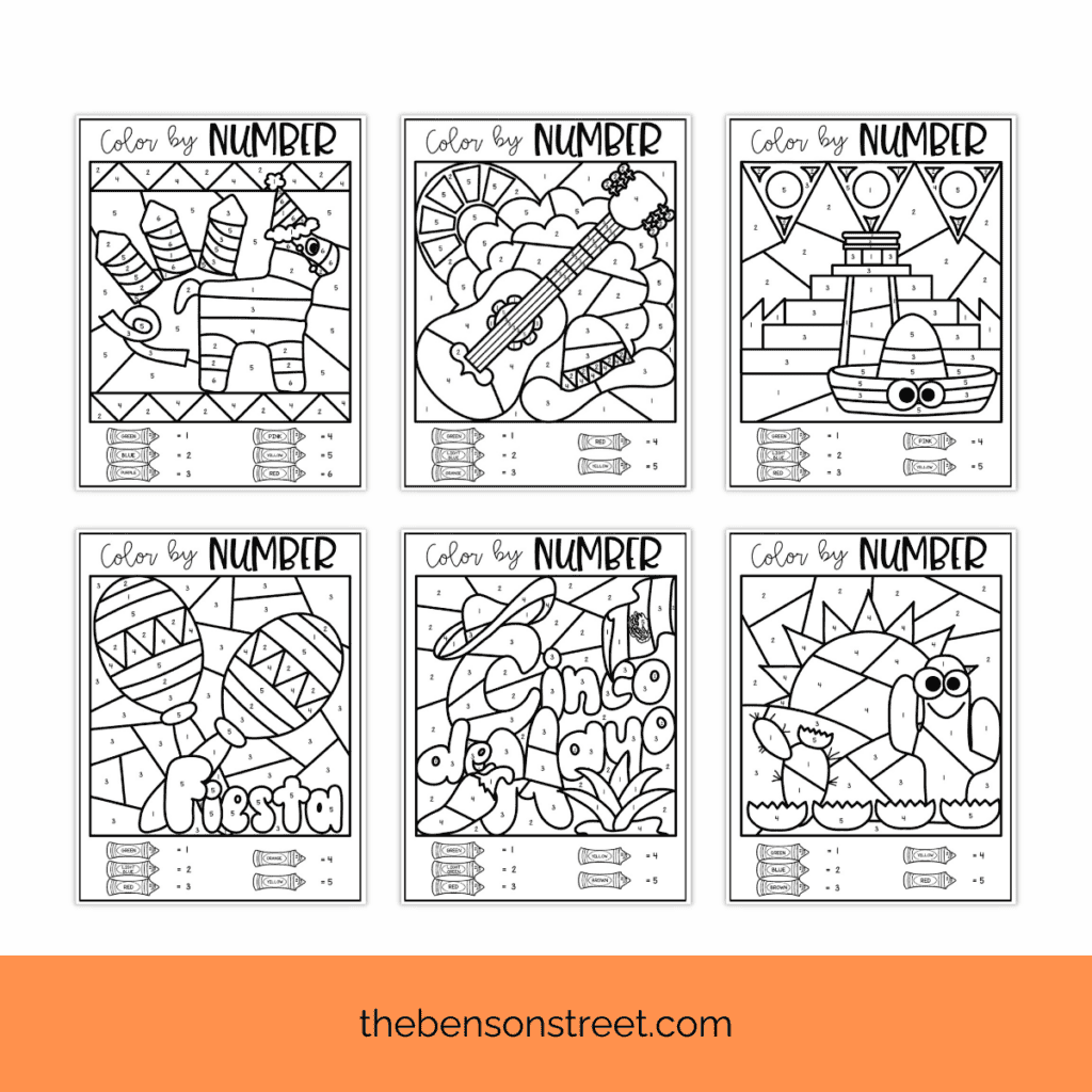 Variety of different designs for cinco de mayo color by number pages. 