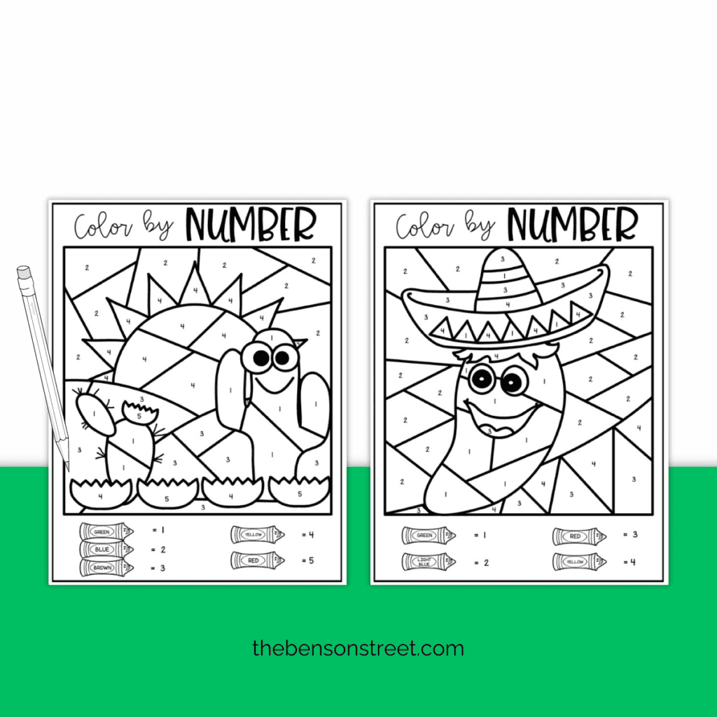 Two options for Cinco De Mayo Color by number. One cactus scene and another chili pepper wearing a sombrero.
