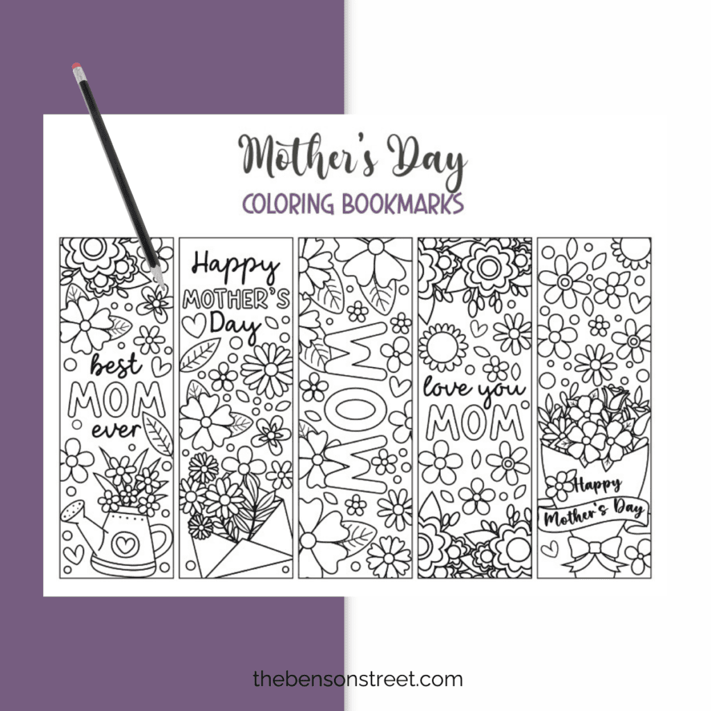 A collection of finished Mother's Day coloring bookmarks displayed on a table, each ready to be uniquely colored and personalized.