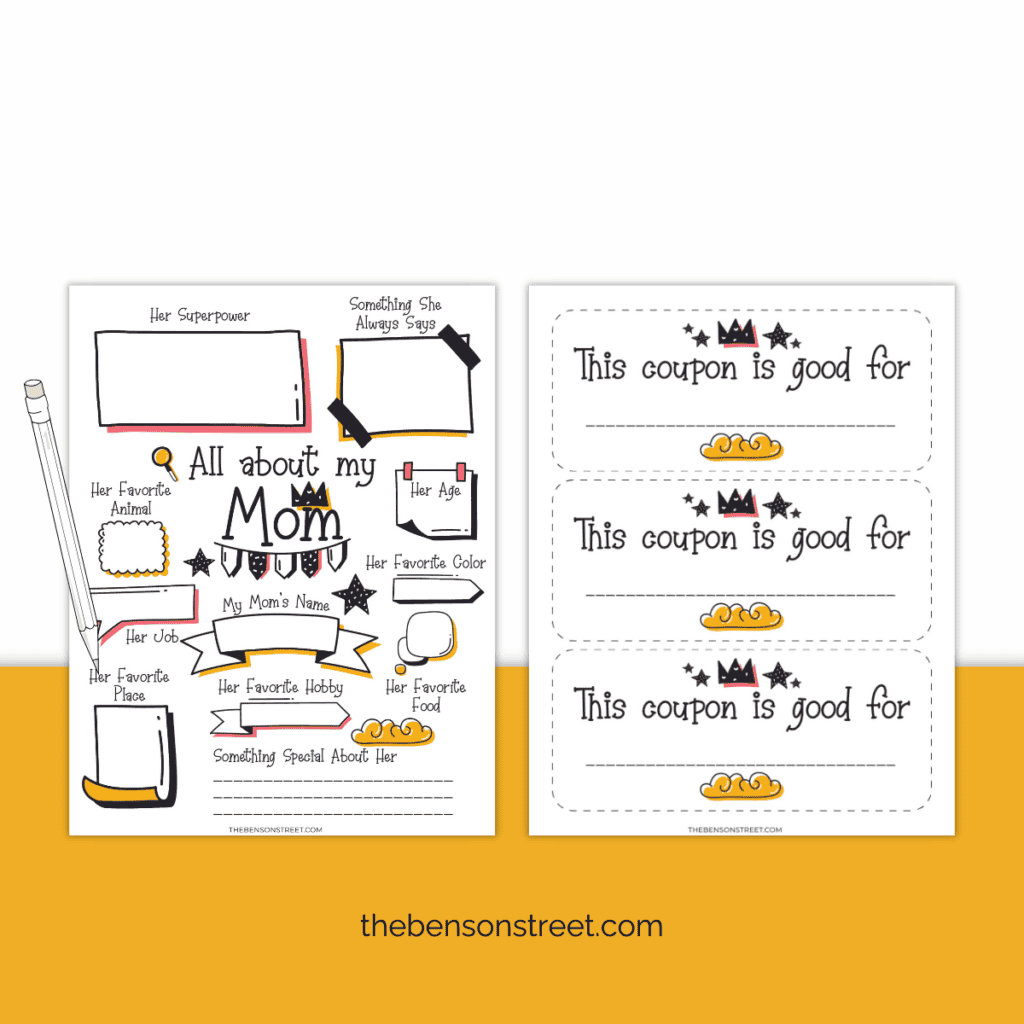 pencil read to fill out all about my mom printable worksheet and free coupons.