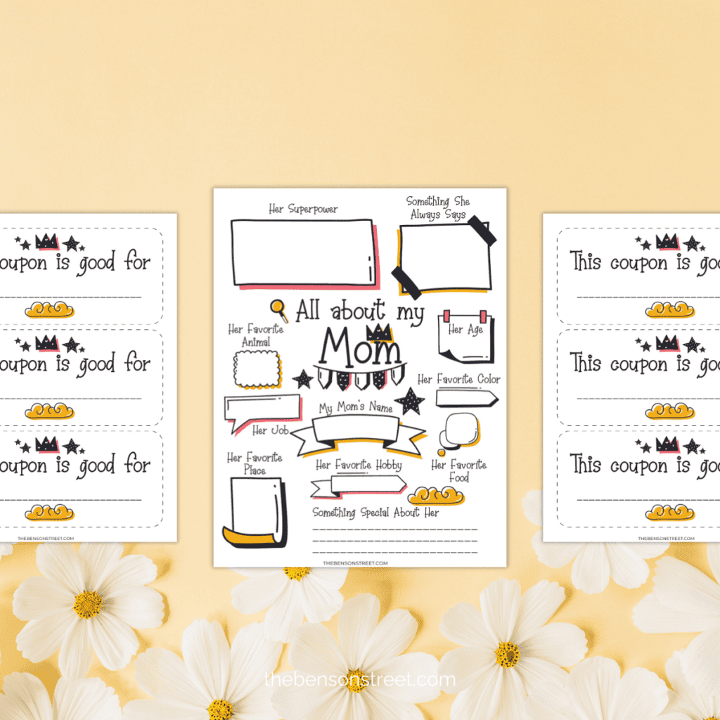 The worksheet and coupons, ready for children to complete and give to their mom as a special gift.