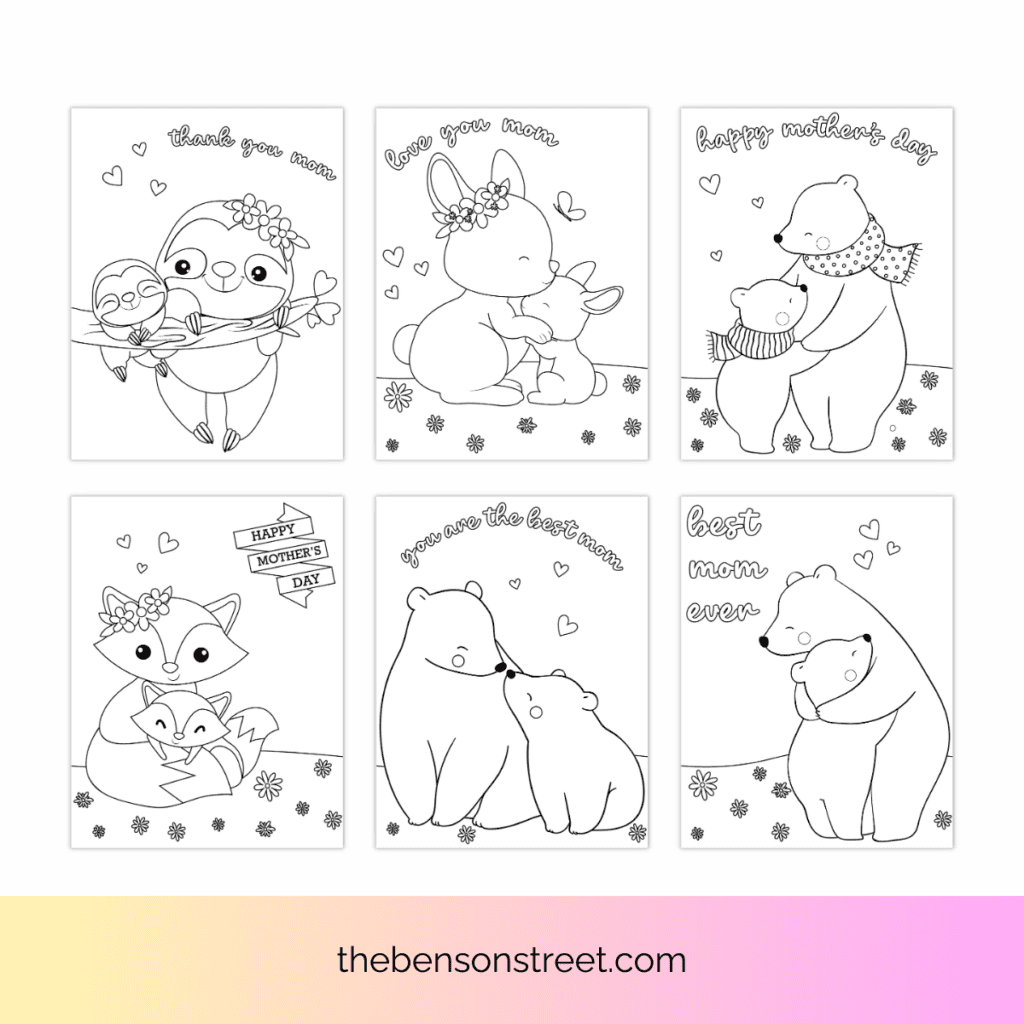 Six different Mother's day coloring pages featuring cute animal moms and babies.