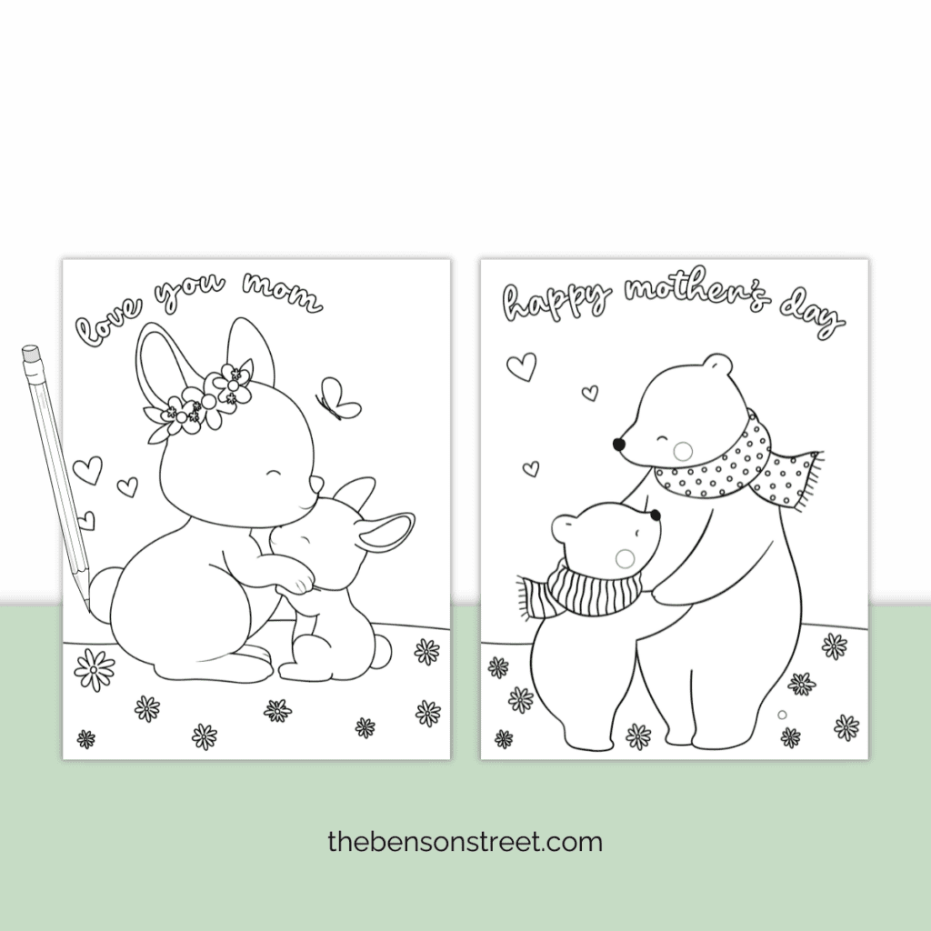 Bunnies and bears Mother's Day coloring page idea.