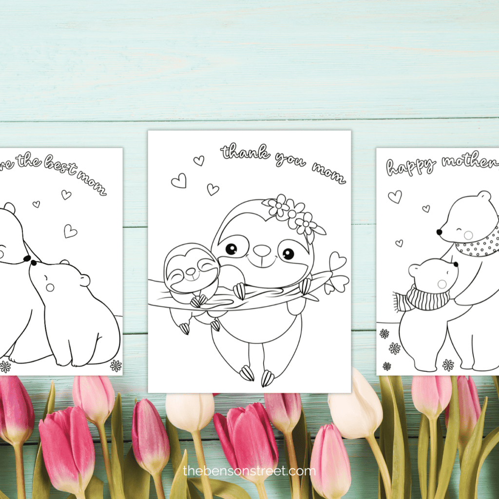 Three printable coloring pages for Mother's day featuring thank you mom and happy mother's day.