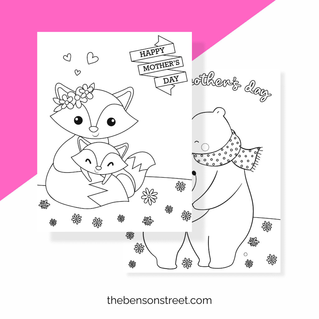 Free printable happy Mother's Day coloring page with a mother fox and baby.