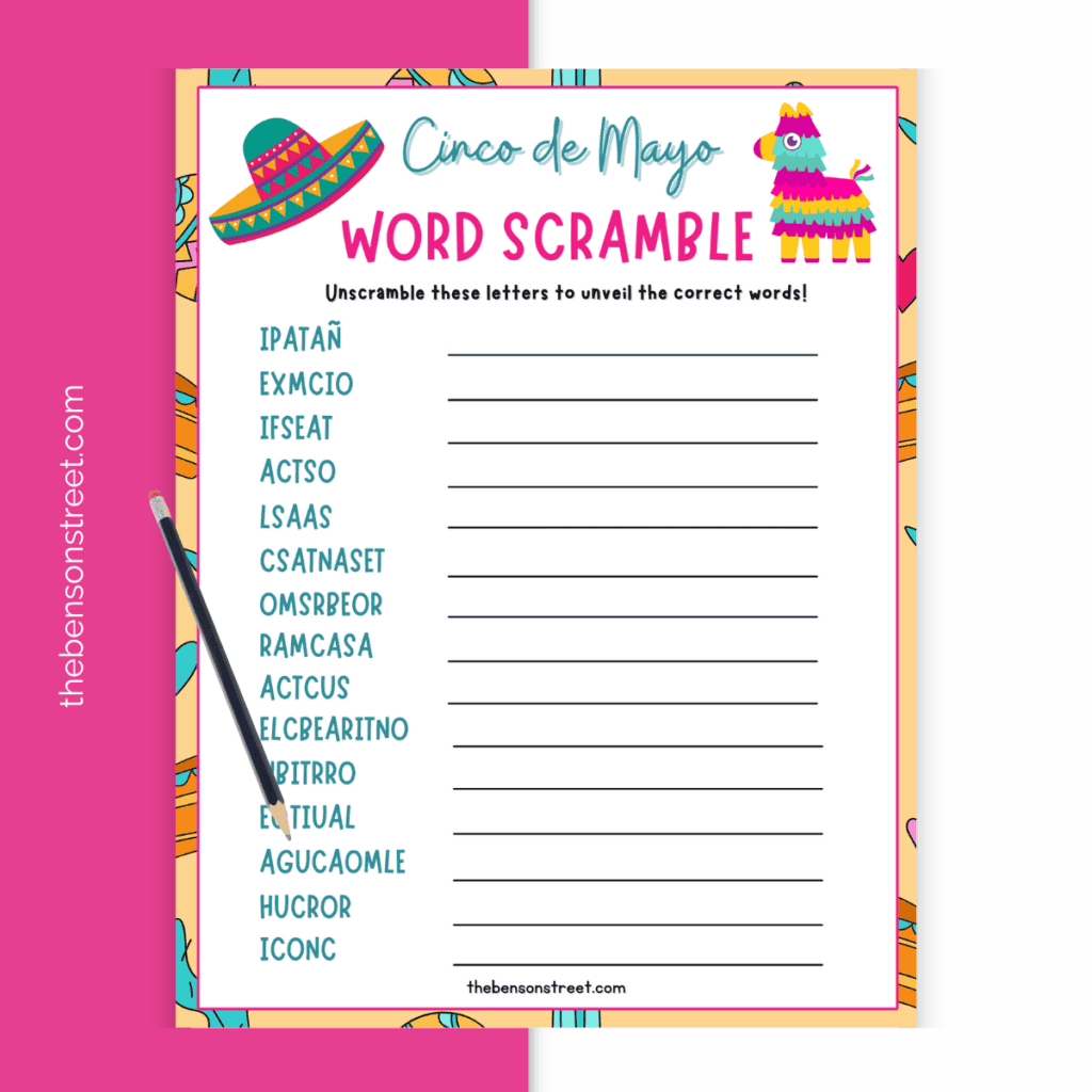 Cinco de Mayo Word Scramble for All Ages" - An inclusive image highlighting a printable word scramble activity suitable for players of varying ages and skill levels, fostering family fun and togetherness.