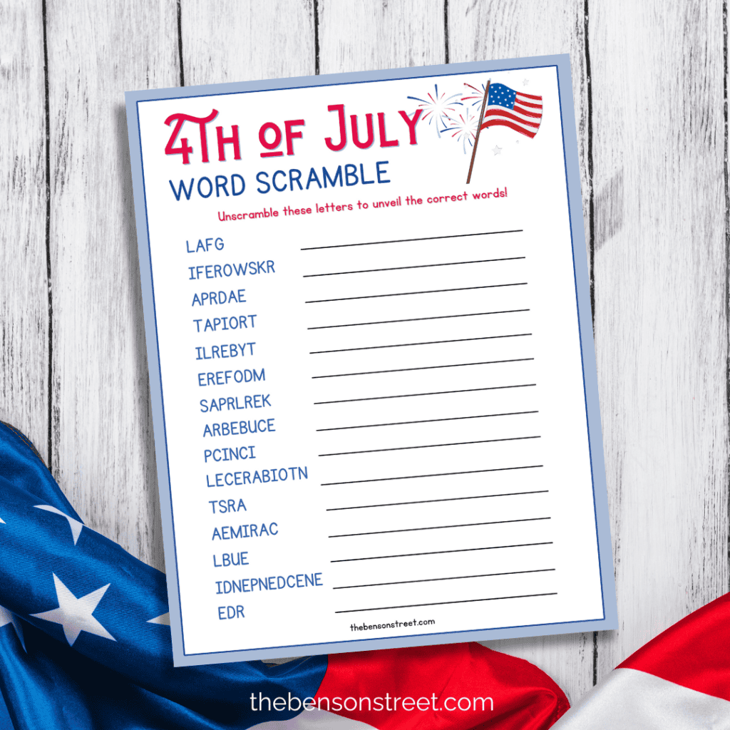 Patriotic-themed 4th of July word scramble printable with American flag background