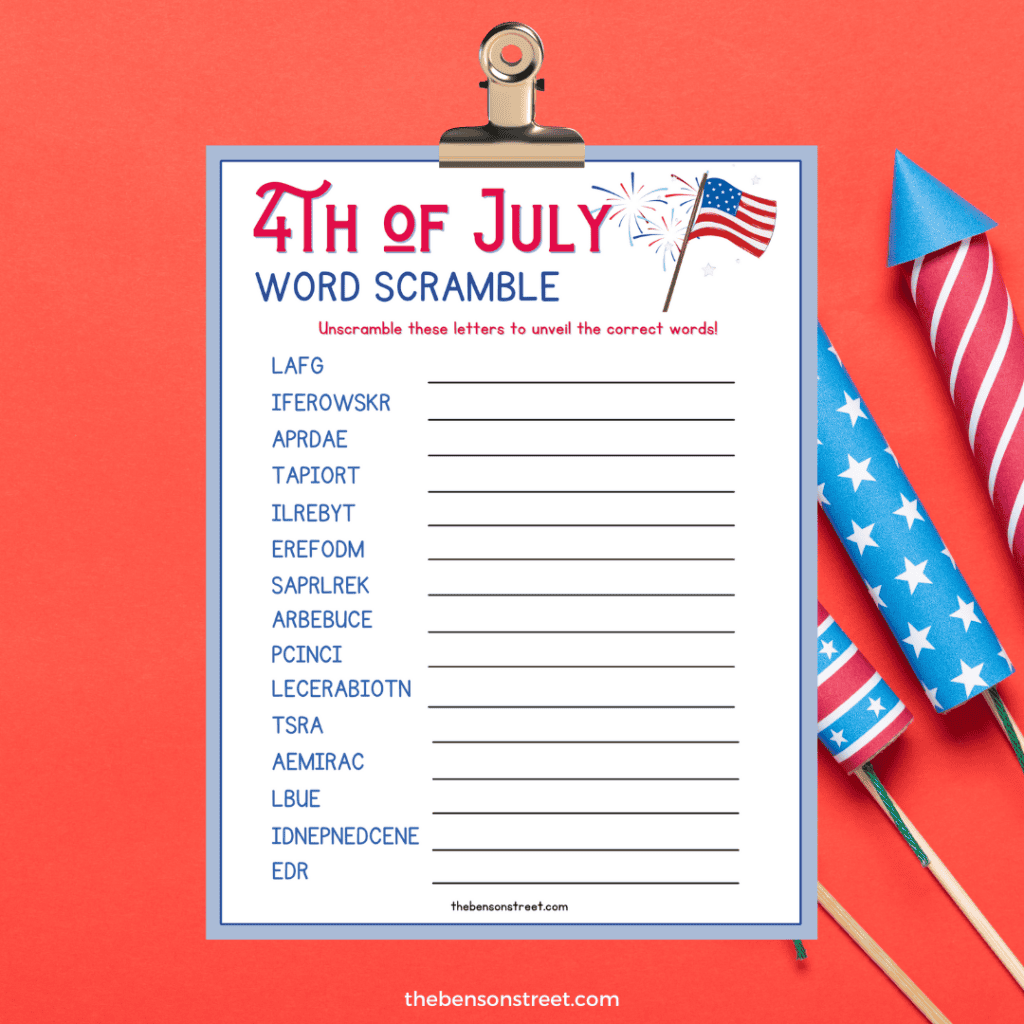 Clipboard with a 4th of July Word scramble printable