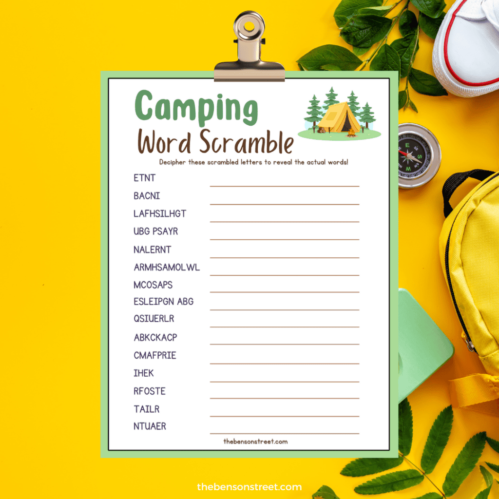 The header of the worksheet displaying the title "Camping Word Scramble" in bold, playful letters, accompanied by small icons of camping gear like a backpack and compass.