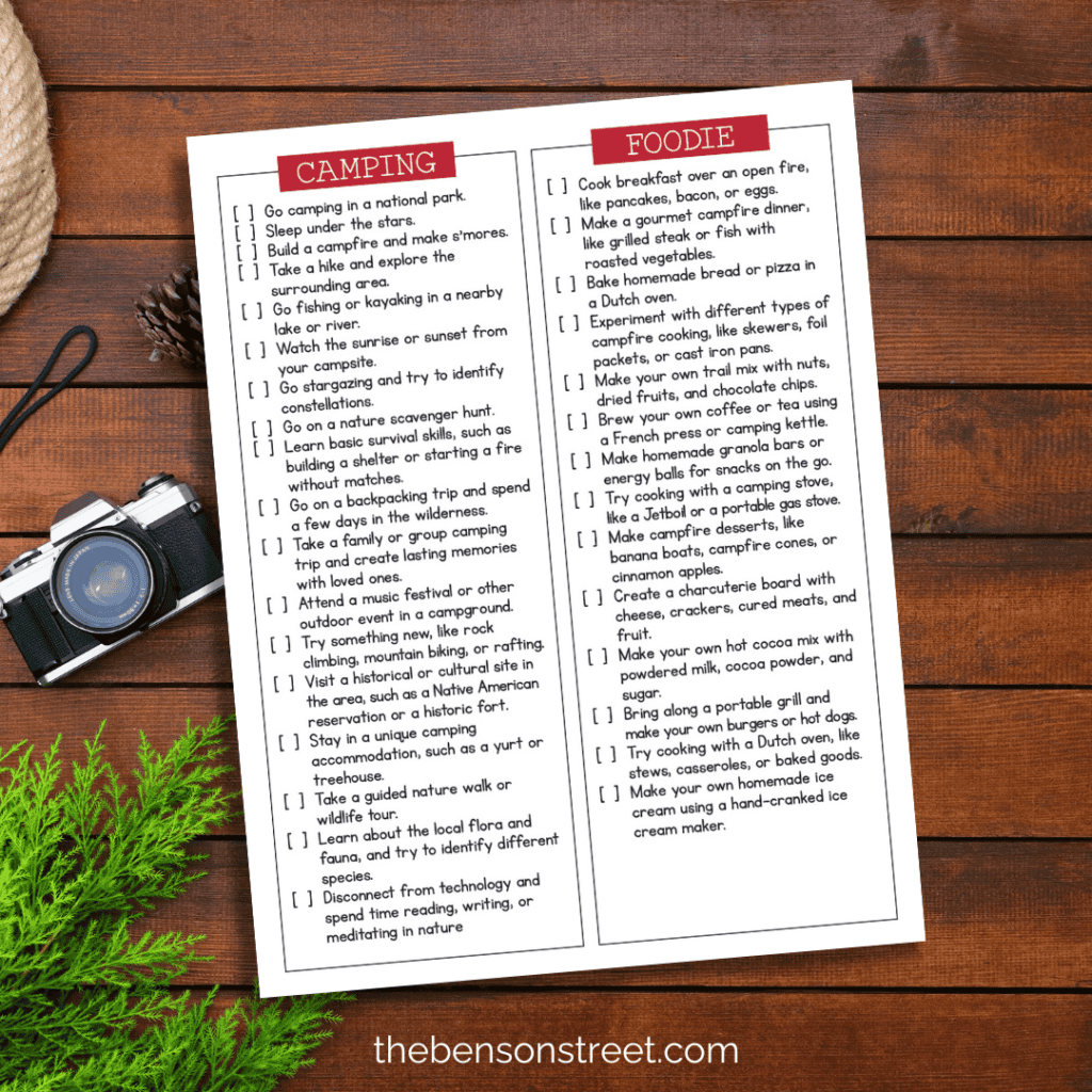 Lists for bucket list ideas for camping. one for camping ideas and one for foodie ideas.