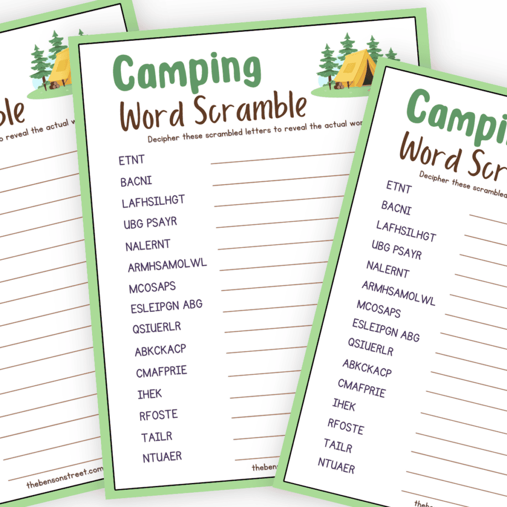 A stack of three free printable camping word scramble games