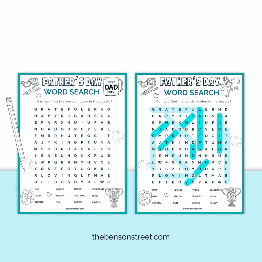 Two Father's Day word searches right next to each other. One with the answers solved in blue highlights.